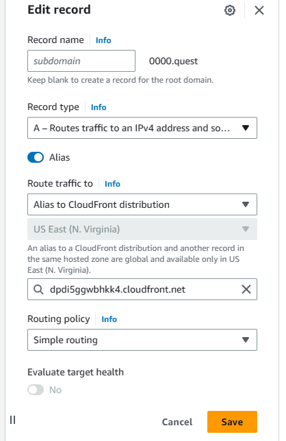 AWS primary domain updated A record settings screenshot